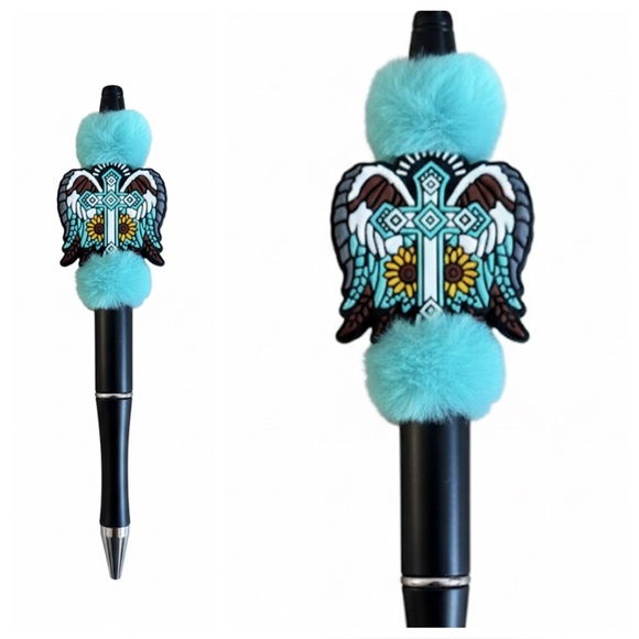 OOAK Western Artisan Pen , Refill & Bag | Turquoise Furry Pom | Real Touch Charm - Picture 4 of 8